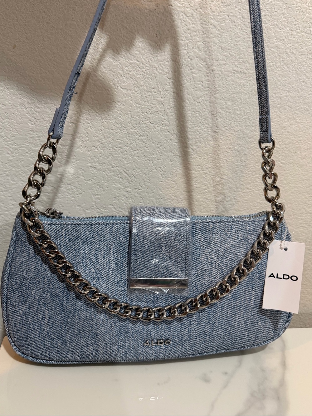 ALDO Blue Denim Shoulder Bag with Silver Chain NWT